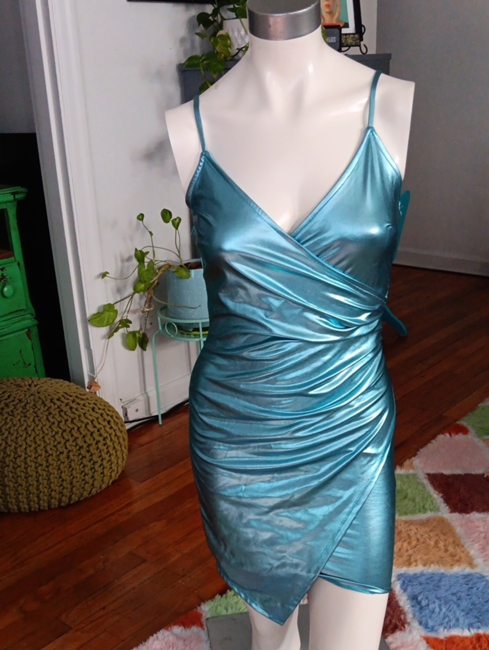 Metallic Teal Surplice Wrap Mini Dress
